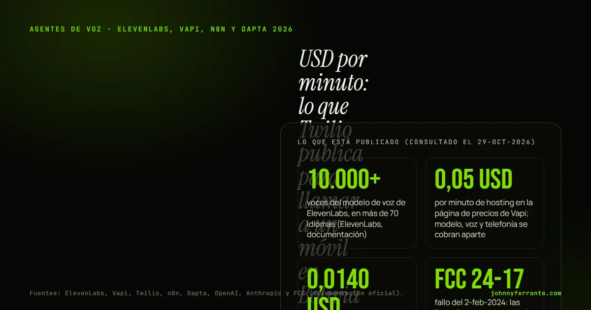 Infografía: Agente de voz ElevenLabs, Vapi, n8n y Dapta: qué hace cada herramienta. 10.000+ voces del modelo de voz de ElevenLabs, en más de 70 idiomas (ElevenLabs, documentación); 0,05 USD por minuto de hosting en la página de precios de Vapi; modelo, voz y telefonía se cobran aparte; 0,0140 USD.