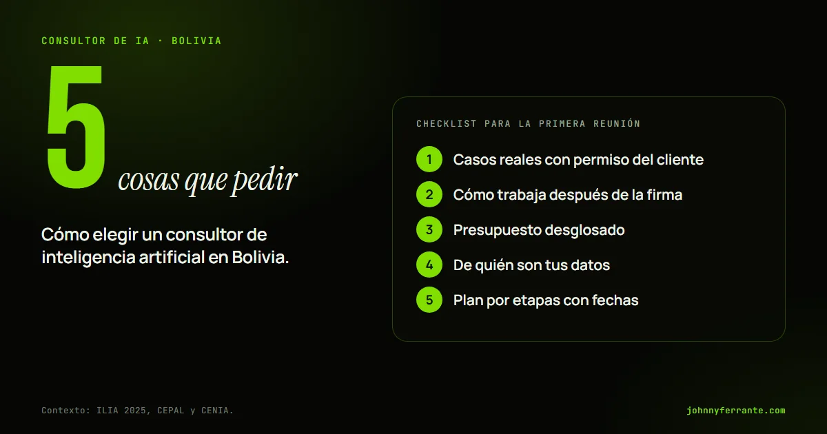 Infografía con las cinco cosas que hay que pedirle a un consultor de IA en Bolivia