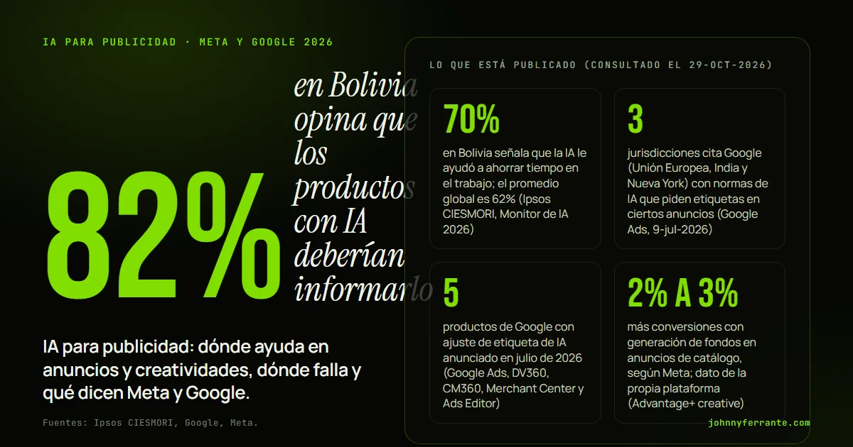Infografía: IA para publicidad: dónde ayuda en anuncios y creatividades, dónde falla y qué dicen Meta y Google. 70% en Bolivia señala que la IA le ayudó a ahorrar tiempo en el trabajo; el promedio global es 62% (Ipsos CIESMORI, Monitor de IA 2026); 3 jurisdicciones cita Google (Unión Europea.